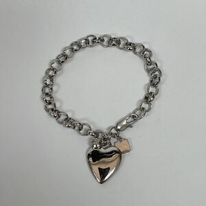 PL Silver-tone Heart Rhinestone Women's Fashion Links Chain Charm Bracelet NWOT